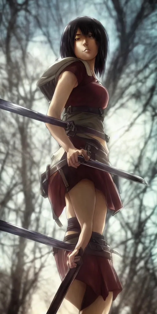 Image similar to mikasa ackerman, hero pose, medium shot, bokeh, beautiful face!!!!, 2 7 years old, cg animation, lifelike, animated, realistic, character select portrait, by artgerm, greg rutkowski, alphonse mucha, 3 d