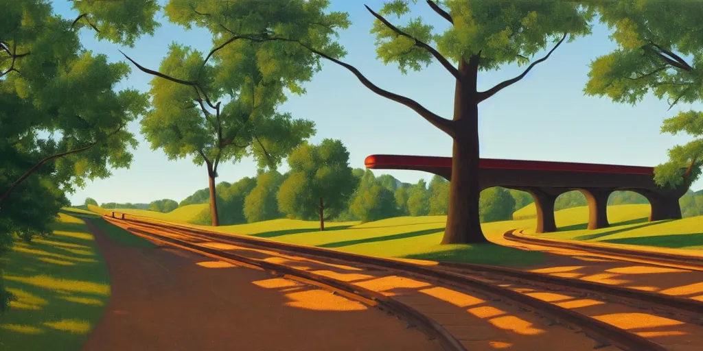 Image similar to tall bridge for trains, in the forest, blue sky, summer evening, kenton nelson