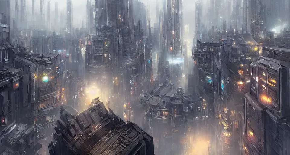 Image similar to hyper realistic sci - fi matte concept art painting of city made from giant stacks of disks, beautiful details, strong composition painted by andree wallin, smooth, intricate, detailed, sharp focus, cinematic