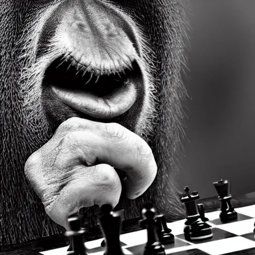 Image similar to black and white portrait photo of an orangutang eating a chess piece,