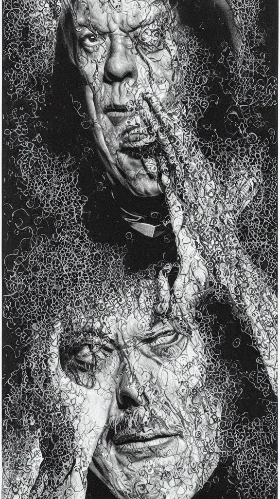 Prompt: Max Von Sydow as Father Merrin from The Exorcist (1973) by Virgil Finlay, highly detailed