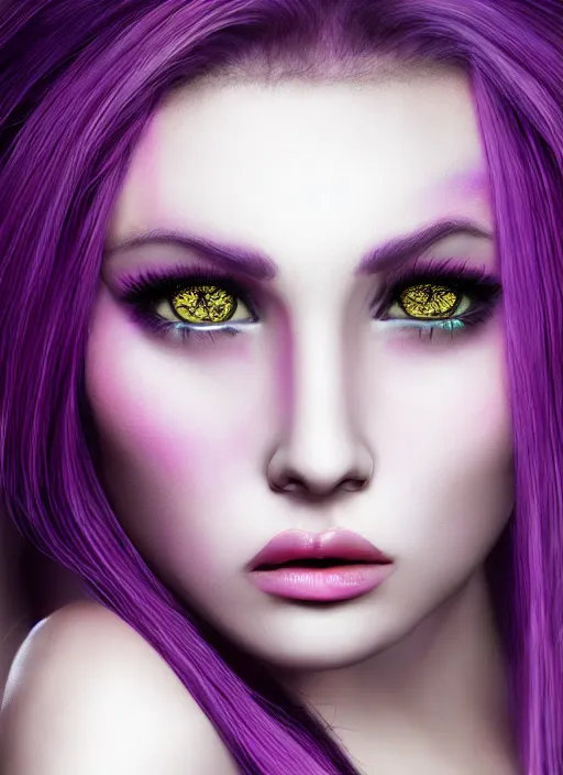 Prompt: photorealistic 3 0 0 0 cyclopes beautiful female with purple hair portrait photography feroflex photorealistic studio lighting ektachrome detailed intricate face details, ultradetails, beautiful face, realistic shaded perfect face, extremely fine details