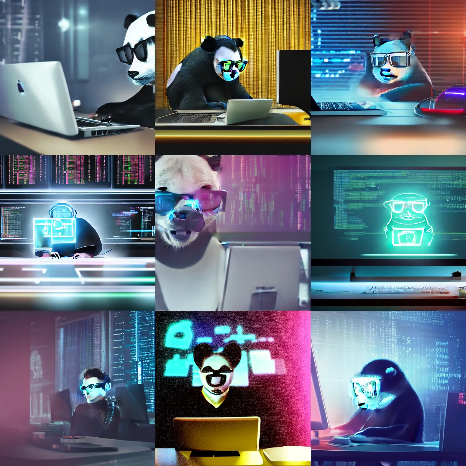 Prompt: a panda wearing metal frame glasses is coding in front of the computer (Mac Studio), foggy, mystery code, Cyberpunk, neon light, 4k, hd, highly detailed
