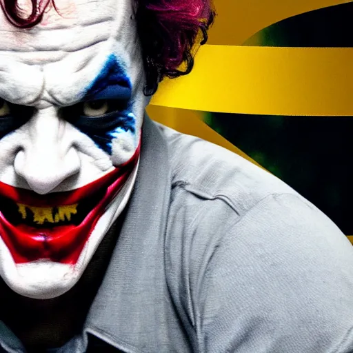 Image similar to cinematic shot of Sam Hyde fighting The Joker, 8k, dslr, depth of field,
