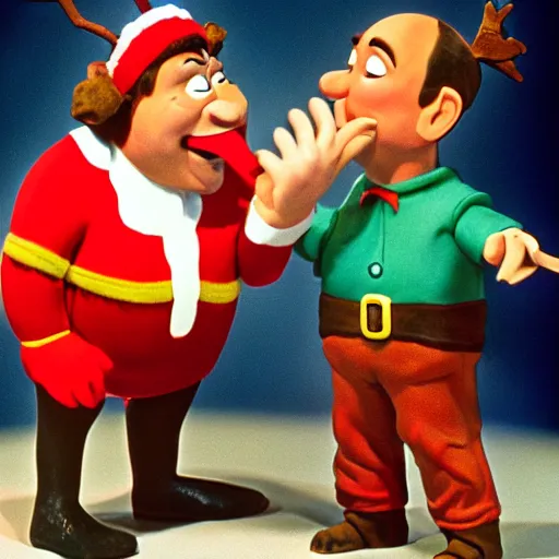 Prompt: Claymation art of Jack Black greeting Rudolph the Red-nosed Reindeer, 1964, color, extremely detailed