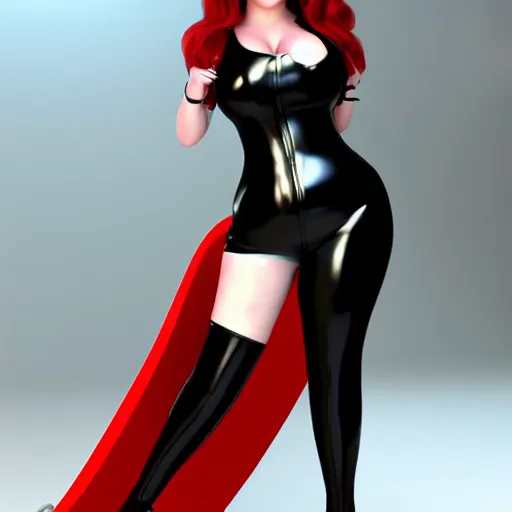 Image similar to curvy feminine hot goth cutie in a sublime elegant polished black latex neck-high floor length outfit with red trim, thin waist, cgsociety, photorealistic, comfy ambience, idealistic, 16k, smooth, sharp focus, trending on ArtStation, volumetric lighting, fully clothed, worksafe