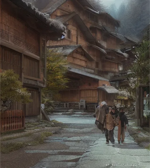 Image similar to walking around rural shirakawa - go, gifu, japan. volumetric lighting, spring late morning, nice slight overcast weather, realistic illustration, perfectly shaded, soft painting, low angle, art by krenz cushart and wenjun lin