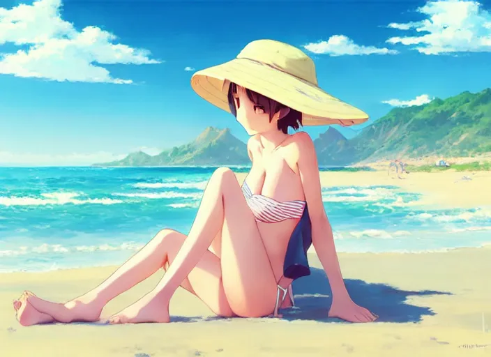 Image similar to a cute girl in a bikini and sunhat sitting on a towel on the beach, rocky mountains far in the distance, fluffy clouds on the horizon, by makoto shinkai an krenz cushart