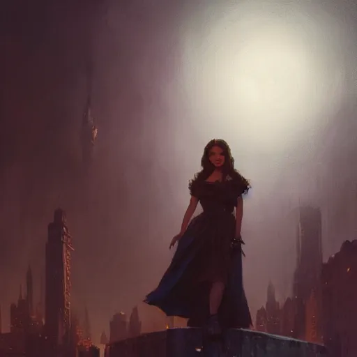 Image similar to portrait of a young vivian leigh, dramatic lighting, city background, night, moon, chiaroscuro, high detail, sharp, painted by greg rutkowski, painted by igor kieryluk, painted by bobby chiu, trending on artstation