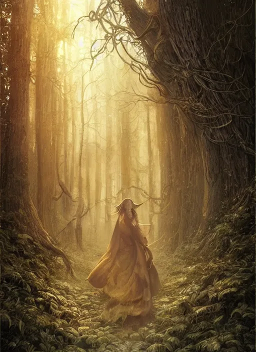 Image similar to golden forest at background, creative!!! composition for a book cover, absurdly beautiful, ultrafine hyperrealistic detailed old witch face by wlop and artgerm and greg rutkowski, intricate linework, sharp focus, smooth, octopath traveler, final fantasy, unreal engine, dramatic lighting, ethereal, 8 k