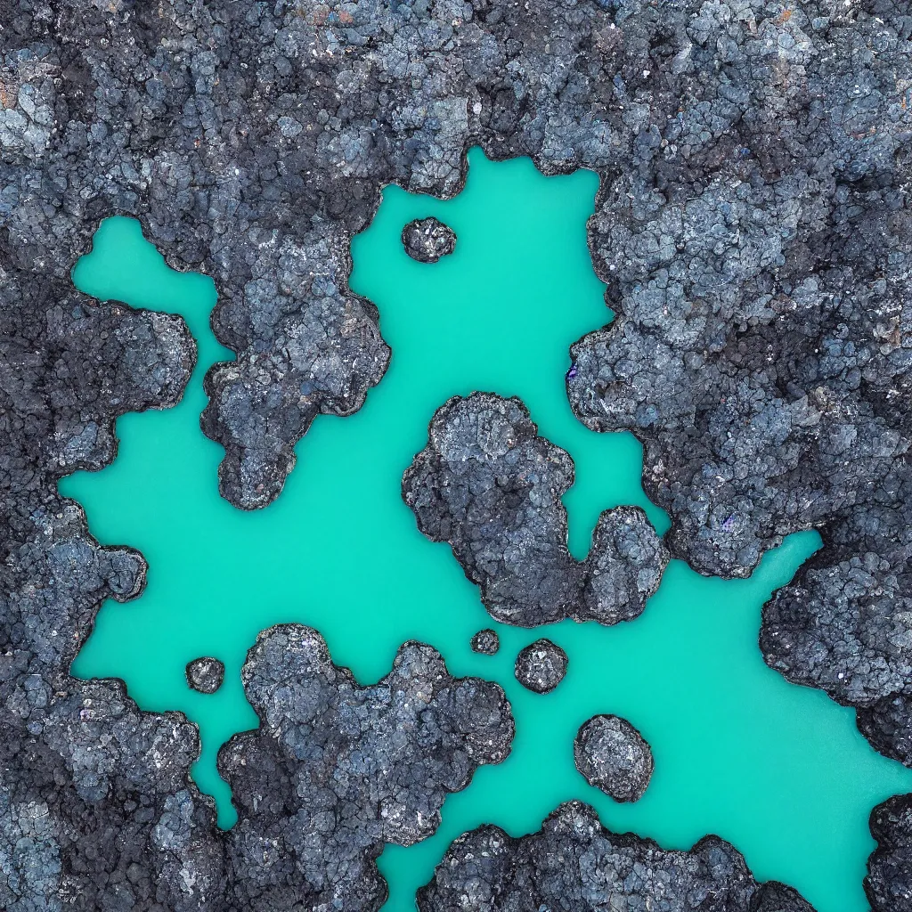 Image similar to birds eye view hexagonal basalt, bright blue pools of water with swirling seafoam, patches of green fields, black volcanic rock, icy glaciers,