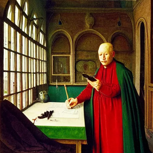 Prompt: man discovers motivation to complete task. Painting by Jan van Eyck