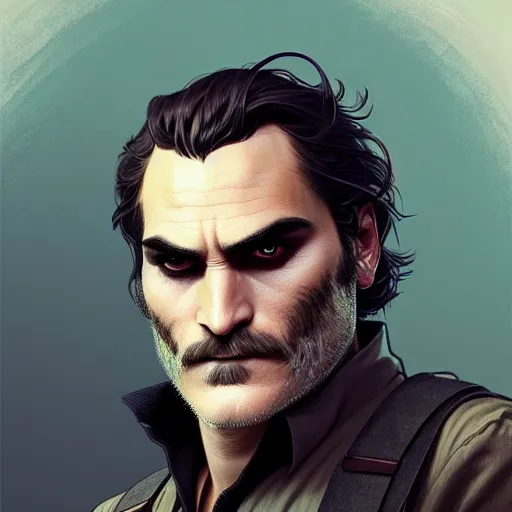 Image similar to handsome Joaquin Phoenix as batman, western, closeup, D&D, fantasy, intricate, elegant, highly detailed, digital painting, artstation, concept art, matte, sharp focus, illustration, art by Artgerm and Greg Rutkowski and Alphonse Mucha