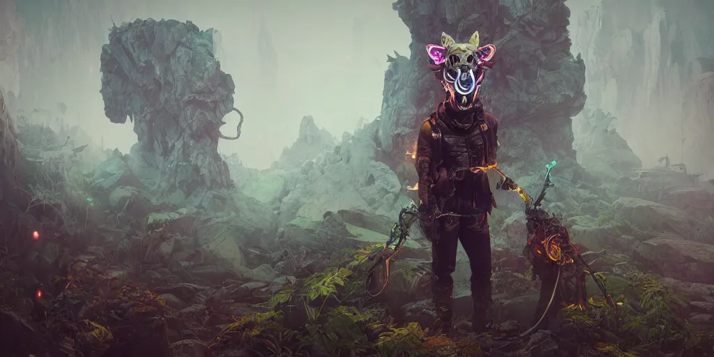 Image similar to woodsman wearing a steampunk and neonpunk mechanical fluorescent mystical animal mask in strange misty mountain landscape. fight with night monsters, night, realism in style of fornite game, 4 k, octane render, artwork by tooth wu and wlop and beeple and greg rutkowski, ambient occlusion, award winning photograph, epic cinematic shot