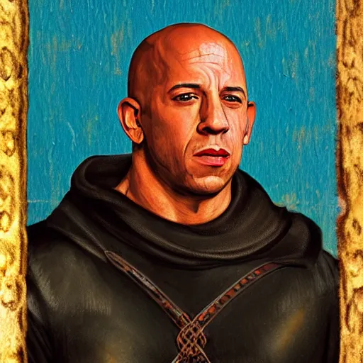 Prompt: Medieval painting of Vin Diesel. Dramatic. High resolution. Highly detailed. Art station. 8k