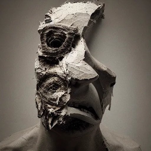 Image similar to surrealism sculpture by enrico ferrarini, human face, torn and ferocious.