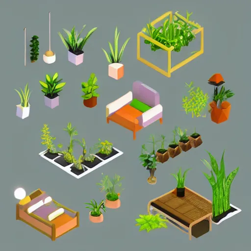 Prompt: isometric low poly scene a room with lots of plants