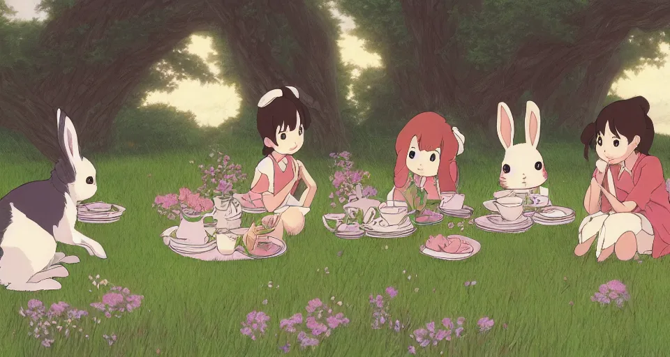 Prompt: 3 bunnies having a tea party, by studio ghibli, makoto shinkai, beautiful nature illustration