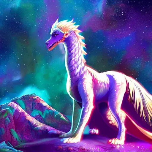 Prompt: colorful digital art of khaleesi, mother of dragons, dramatic pose, starry background highly detailed, 4k