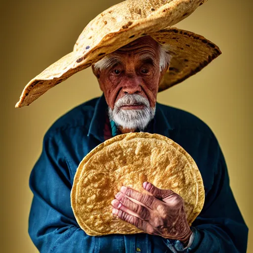 Image similar to an elderly man wearing a hat made from a tortilla, bold natural colors, national geographic photography, masterpiece, 8 k, raw, unedited, symmetrical balance