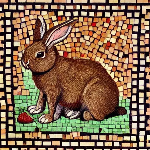 Image similar to a rabbit eating raspberries in the style of ancient mosaic