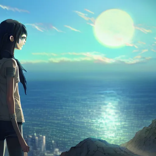 Image similar to A cyborg girl standing on the hill looking at the sea with a sunset in style of Makoto Shinkai and Cyberpunk. ArtStation, 8K, Highly Detailed, Intricate, Album Art.