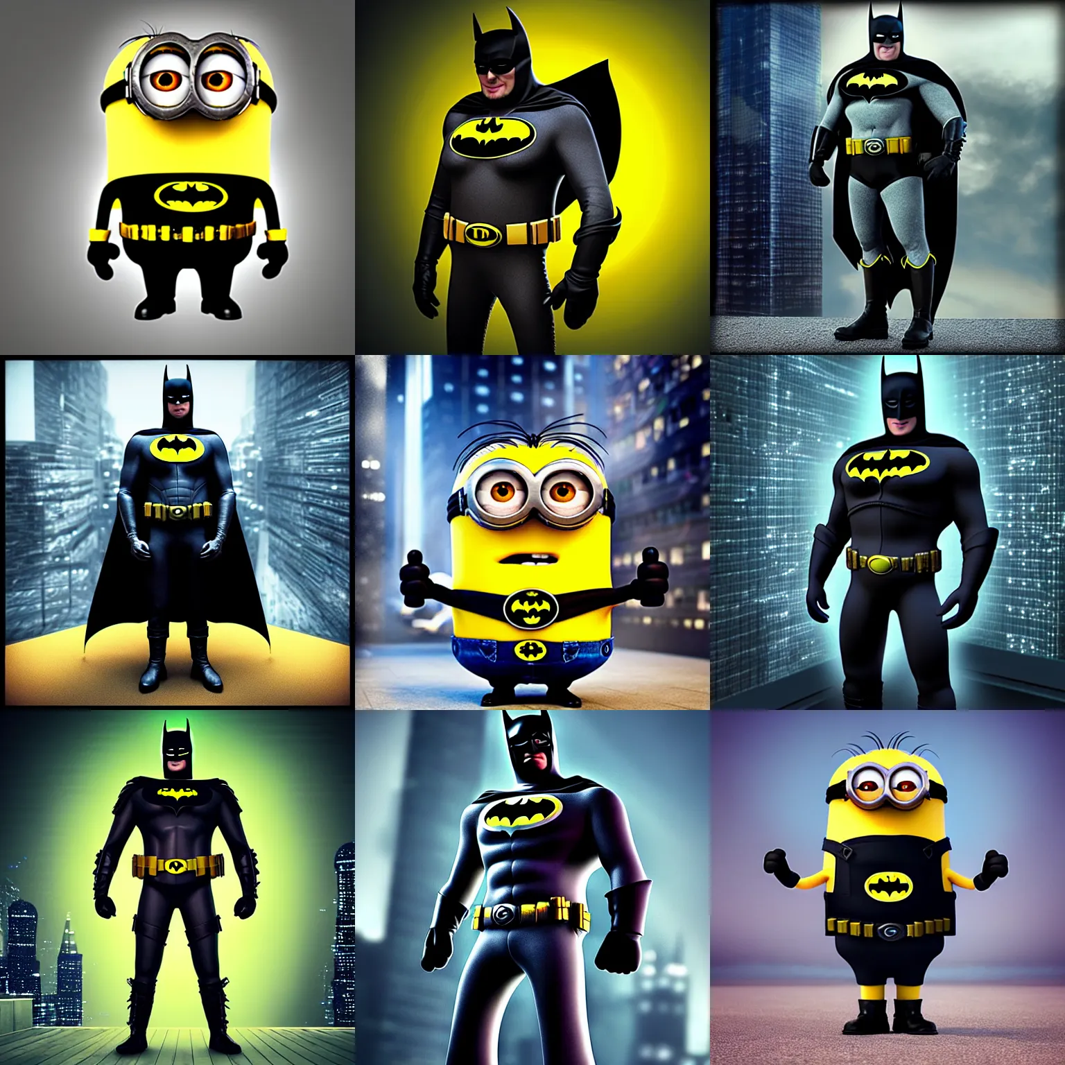 Prompt: “minion batman, full body, UHD, hyperrealistic render, 4k, cyberpunk”