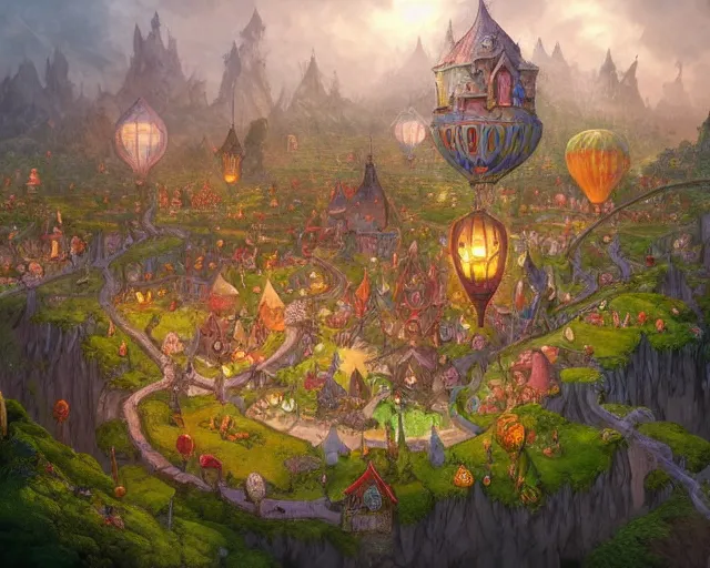 Prompt: fantasy clown village next to a balloon forest, aerial view, deep focus, d & d, fantasy, intricate, elegant, highly detailed, digital painting, artstation, concept art, matte, sharp focus, illustration, hearthstone, art by artgerm and greg rutkowski and laura sava and alphonse mucha