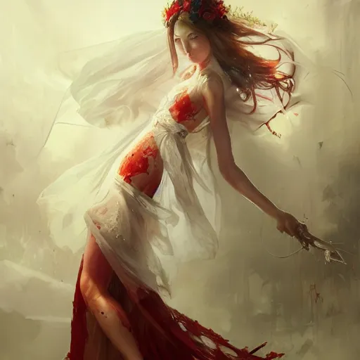 Image similar to The bride in a bloody dress, by Stanley Artgerm Lau, WLOP, Rossdraws, James Jean, Andrei Riabovitchev, Marc Simonetti, Yoshitaka Amano, ArtStation, CGSociety,