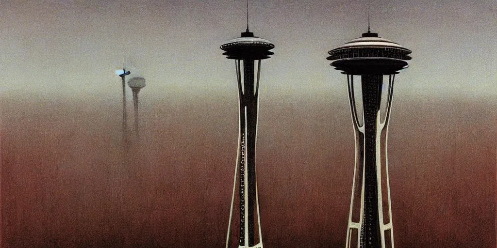 Prompt: seattle with space needle by beksinski