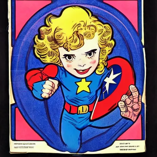 Image similar to a little girl with a mischievous face and light brown curly wavy hair. she is dressed as captain america, spider - man, batman, captain marvel, a superhero. well composed, clean elegant comic book art, beautiful detailed face. by steve ditko and jack kirby and alphonse mucha