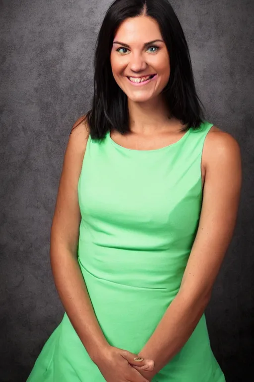 Image similar to character photo. tall woman in light green sleeveless dress, gleefully telling a bs story full of lies. face like danielle campbell, body like wnba player. facial expression of manic obsessive love. black hair in ponytail. bright blue eyes. pale complexion.