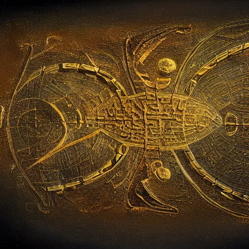 Prompt: oil on canvas of an old ancient alien artefact of a stellar map with alien hieroglyphics. beautiful. realistic. beautiful. mysterious. intricately detailed. meticulously rendered. epic. 4 k hd. trending on art station. h 7 6 8