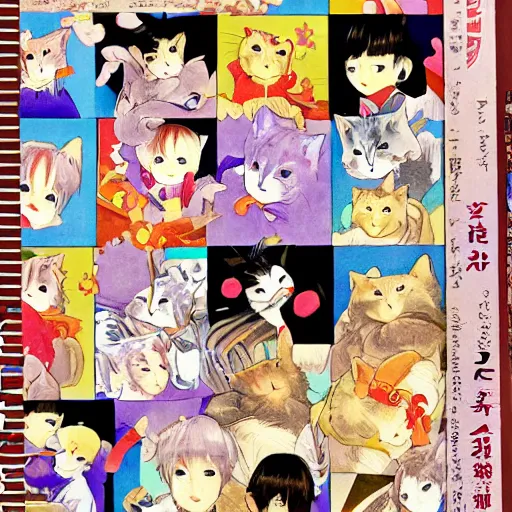 Prompt: manga front cover, boys waking up in fluffy bed, cat playing around, multi - colored