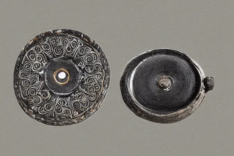 Prompt: “Disk Brooch, 6th century. Old studio photograph.”