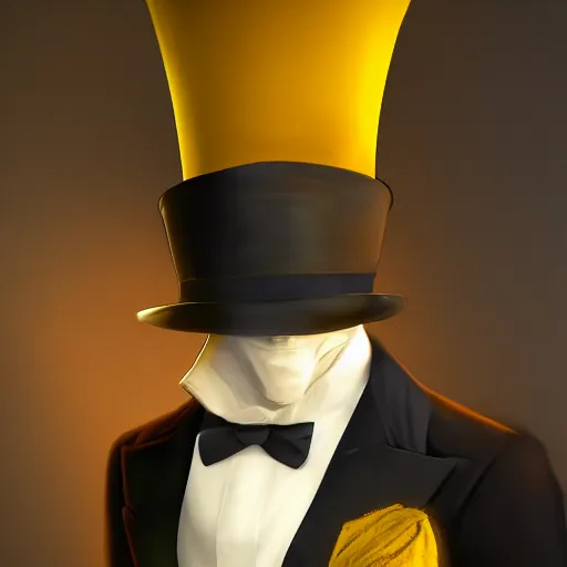 Image similar to a highly detailed portrait of a man in a high top hat covering his face, in a black tailcoat with a yellow waistcoat under the tailcoat, artstation, deviantart, professional, unreal engine 5, photorealistic