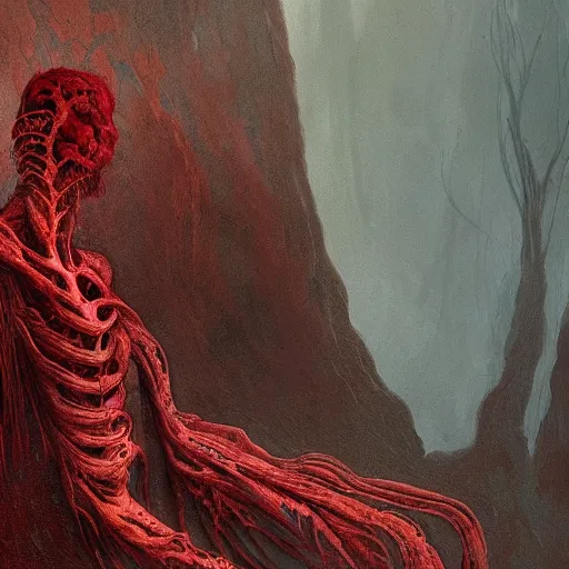 Image similar to Red coloured plants made of flesh growing in a rocky crevice, inspired by HR giger and Lovecraft, veins, dim red light, intricate, highly detailed, digital painting, artstation, concept art, sharp focus, illustration, art by greg rutkowski and alphonse mucha