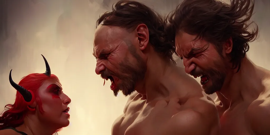 Image similar to god wrestling with satan, cinematic, highly detailed, digital painting, artstation, concept art, matte, sharp focus, illustration, art by artgerm and greg rutkowski and alphonse mucha