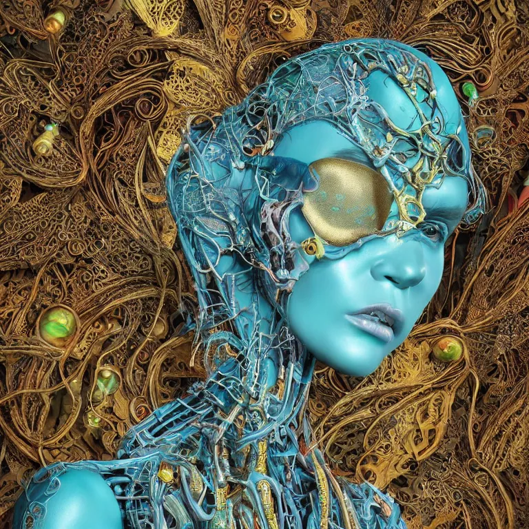 Prompt: cinema 4d colorful render, organic, ultra detailed, of a beautiful dark porcelain old aboriginal woman face, translucid. biomechanical cyborg, analog, macro lens, beautiful natural soft rim light, big leaves and stems, roots, fine foliage lace, turquoise gold details, high fashion haute couture, art nouveau fashion embroidered, intricate details, mesh wire, mandelbrot fractal, anatomical, facial muscles, cable wires, elegant, hyper realistic, in front of dark flower pattern wallpaper, ultra detailed