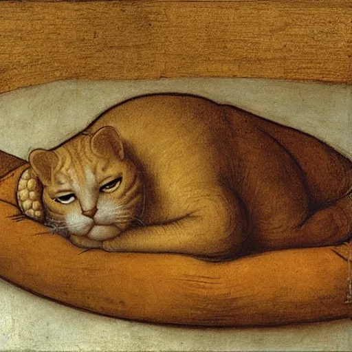 Image similar to garfield in his bed by leonardo davinci