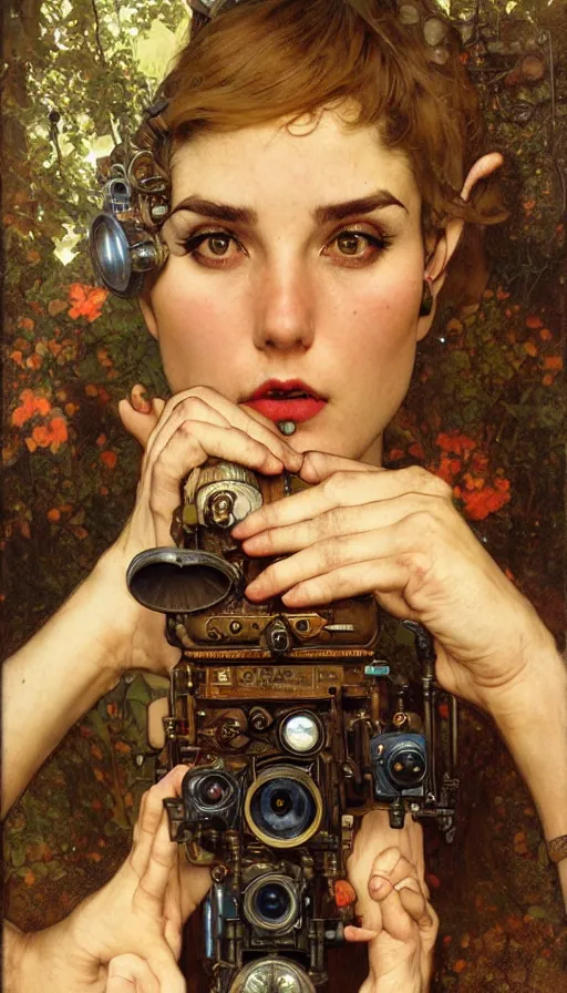 Image similar to hyper realistic photographer looking through camera towards viewer, magical, steampunk, painted by james gurney, norman rockwell, tom bagshaw, mucha, gaston bussiere, craig mullins, j. c. leyendecker 8 k