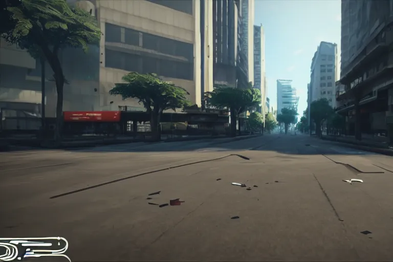 Image similar to a first person shooter game trailer on avenida paulista, cinematic lightning, ray tracing, unreal engine 5, photorealistic