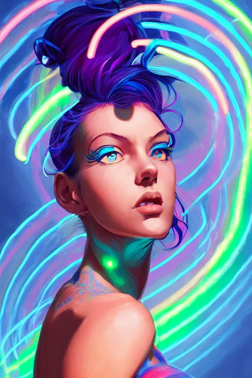 Image similar to a award winning half body portrait of a beautiful woman with stunning eyes in a off shoulder croptop and cargo pants with rainbow colored hair, outlined by whirling illuminated neon lines and fine lines swirling in circles by jesper ejsing and rhads and makoto and shinkai and lois van baarle, digital art, trending on artstation