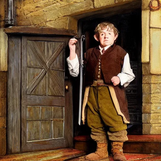 Image similar to bilbo baggins gets on instagram, realistic oil painting, style of norman rockwell, 8 k, super sharp, ultra detail, rule of thirds.