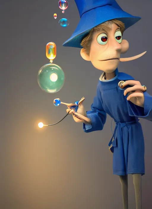 Image similar to an anthropomorphic beautiful male wizard blowing giant bubbles wearing blue robe, fine art, award winning, intricate, elegant, sharp focus, octane render, hyperrealistic, wizard hat cinematic lighting, highly detailed, digital painting, 8 k concept art, art by jamie hewlett and z. w. gu, masterpiece, trending on artstation, 8 k