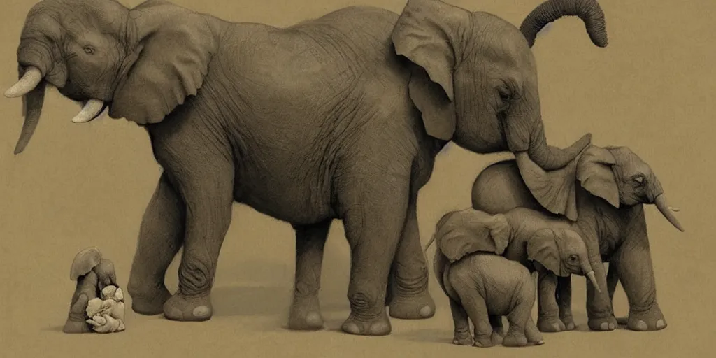 Prompt: two adult elephants comfort a baby elephant, illustration, detailed, smooth, soft, cold, by Adolf Lachman, Shaun Tan, Surrealism