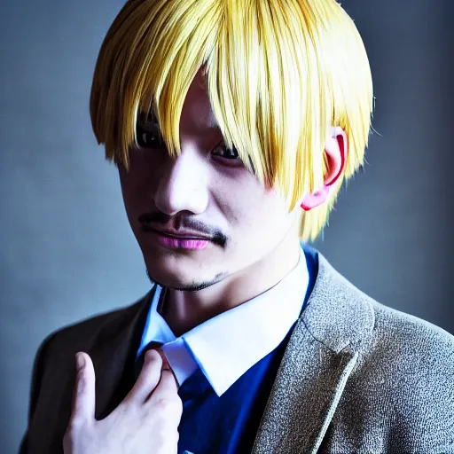 Image similar to A full portrait photo of real-life sanji one piece, f/22, 35mm, 2700K, lighting.