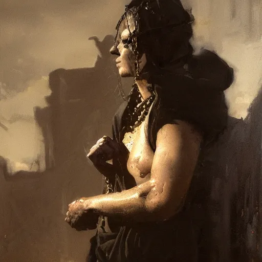 Prompt: portait of magican wearing a closed cerimonial cowl, big old book!!!!!! chained to the wrist, by jeremy mann, by tiepolo, mike mignola, by greg rutkowski, face in the shadows, ( ( ruins of ancient rome ) ), at dusk, mysterious atmosphere, sunrays, high detailed, 8 k