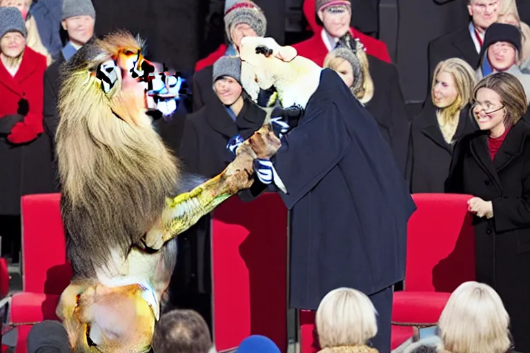 Image similar to photo of the usa presidential inauguration, a lion fursuiter being inaugurated as president