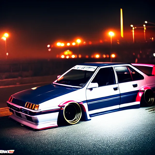 Prompt: a car R31X twin turbo drift at illegal car meet, Kanagawa prefecture, city midnight mist lights, cinematic lighting, photorealistic, highly detailed wheels, high detail